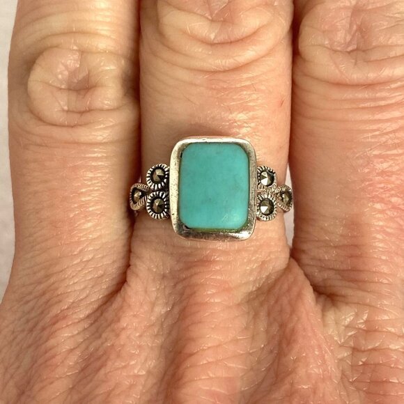 Sterling Silver 925 Rectangular Faux Turquoise Inlay Marcasite Shank Ring Sz 6.5 - Picture 2 of 16
